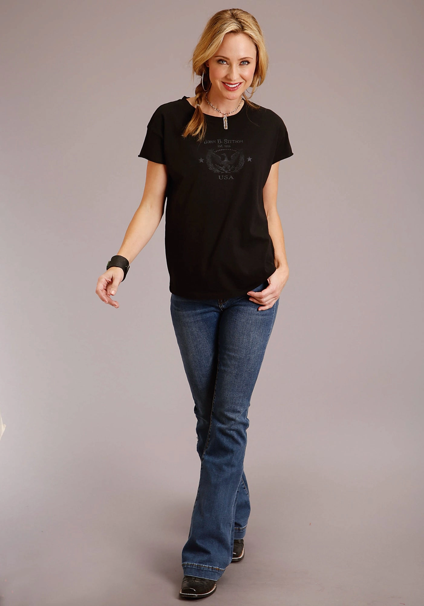 Stetson Womens Black 100% Cotton Eagle Usa S/S T-Shirt Comfort First Fit Winter Collection