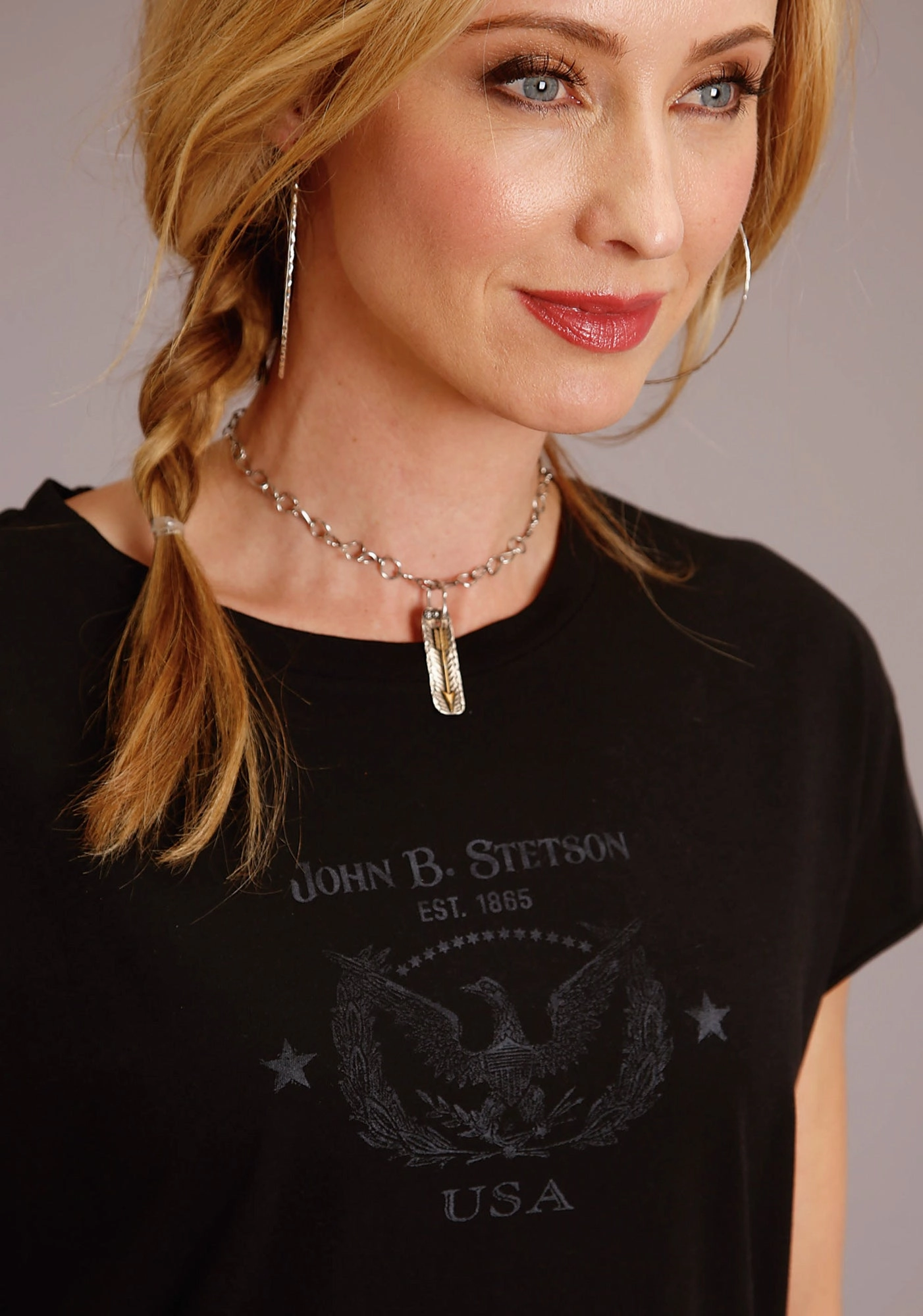 Stetson Womens Black 100% Cotton Eagle Usa S/S T-Shirt Durable Button Closures