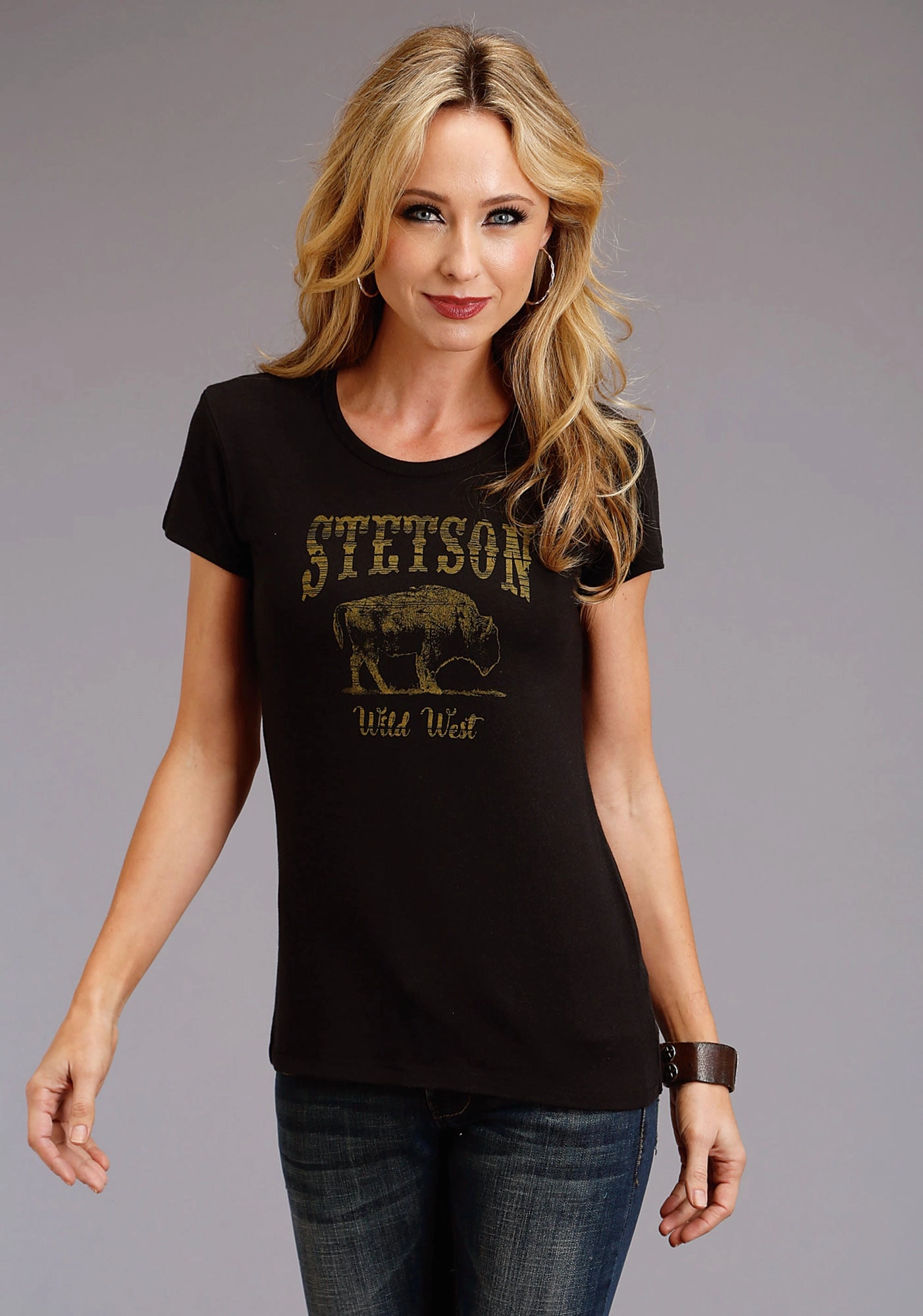 Multi Pocket Utility Stetson Womens Black Cotton Blend Bison Wild West S/S T-Shirt