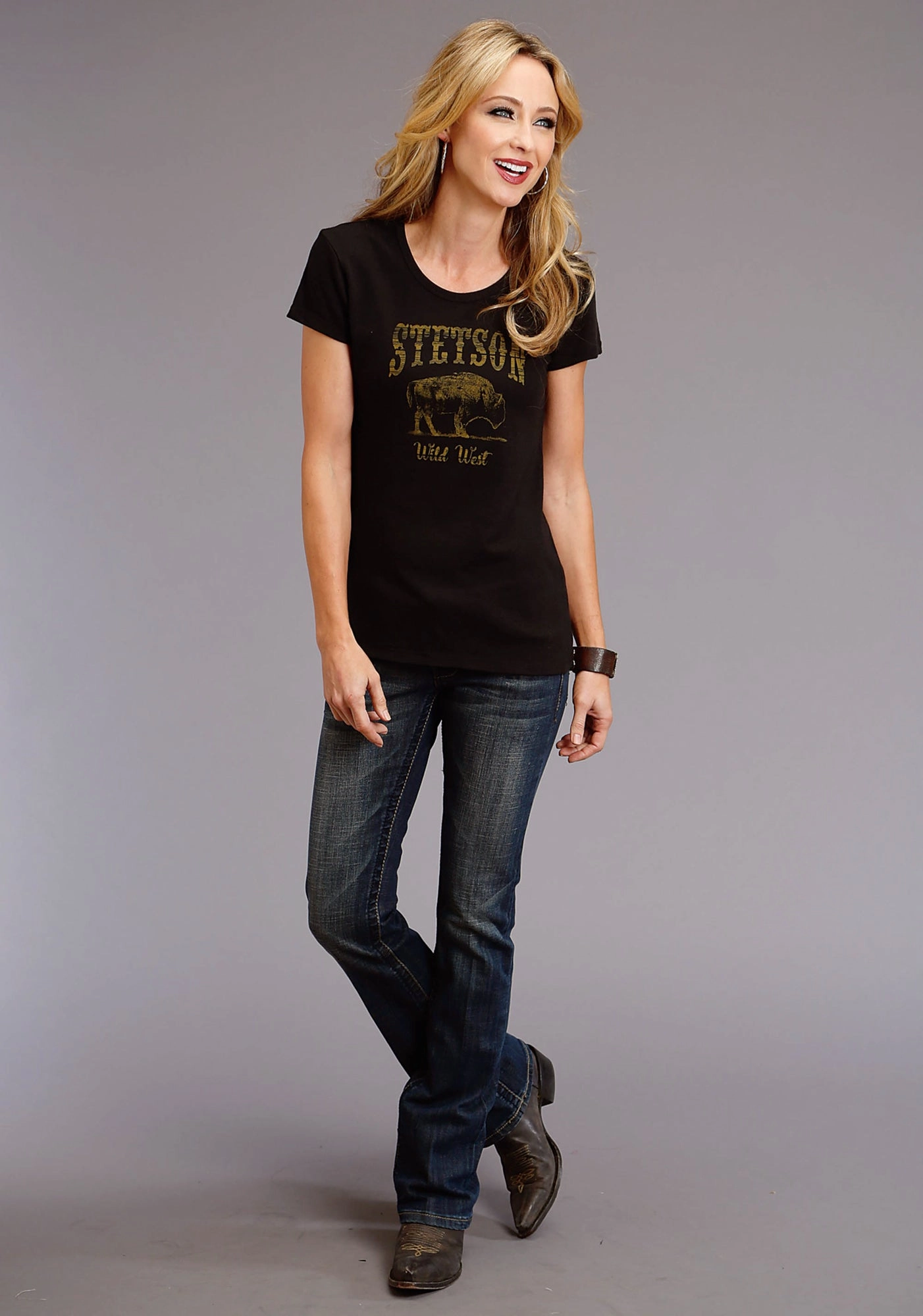 Stetson Womens Black Cotton Blend Bison Wild West S/S T-Shirt Mix-And-Match