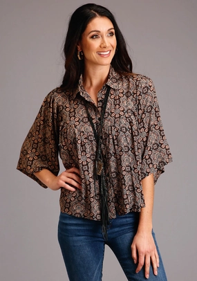 Airflow Ventilation System Tagless label Stetson Womens Brown Rayon/Nylon Prairie Paisley S/S Blouse