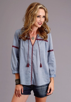 Non-irritating Stetson Womens Chambray 100% Cotton Peasant S/S Blouse