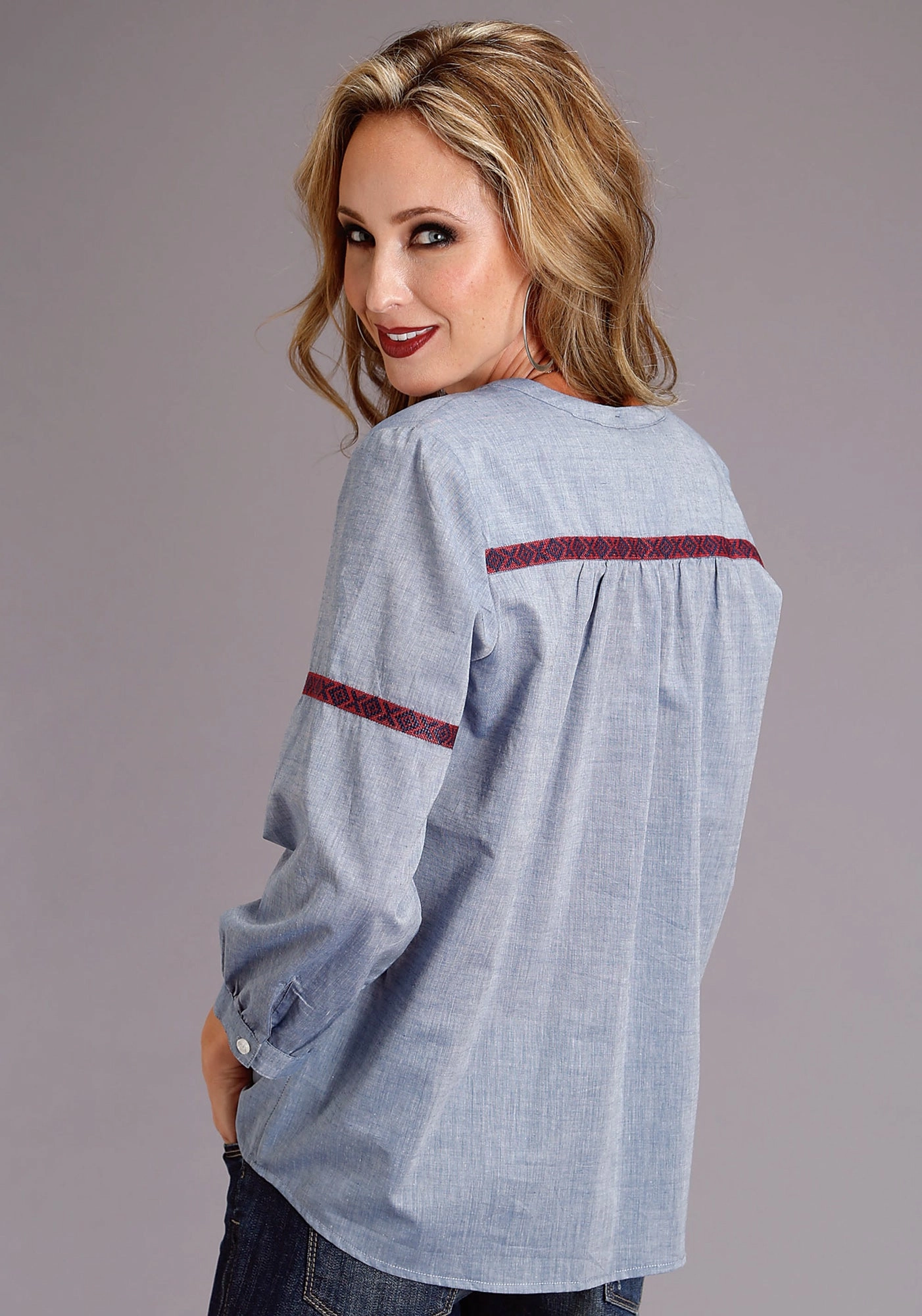 Sophisticated Style Stetson Womens Chambray 100% Cotton Peasant S/S Blouse