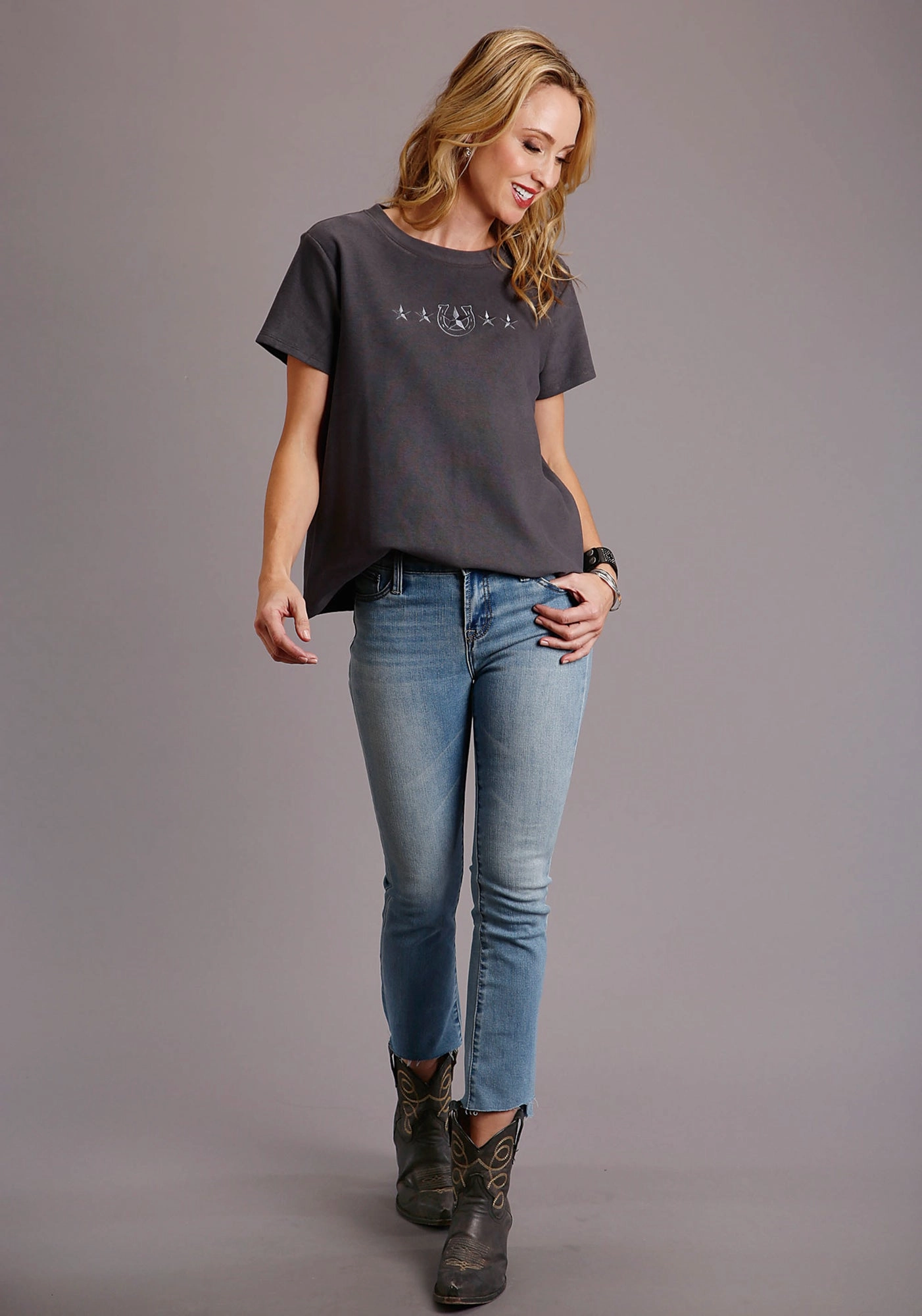 Stetson Womens Charcoal 100% Cotton Slightly Fitted S/S T-Shirt Abrasion resistant Hidden Placket