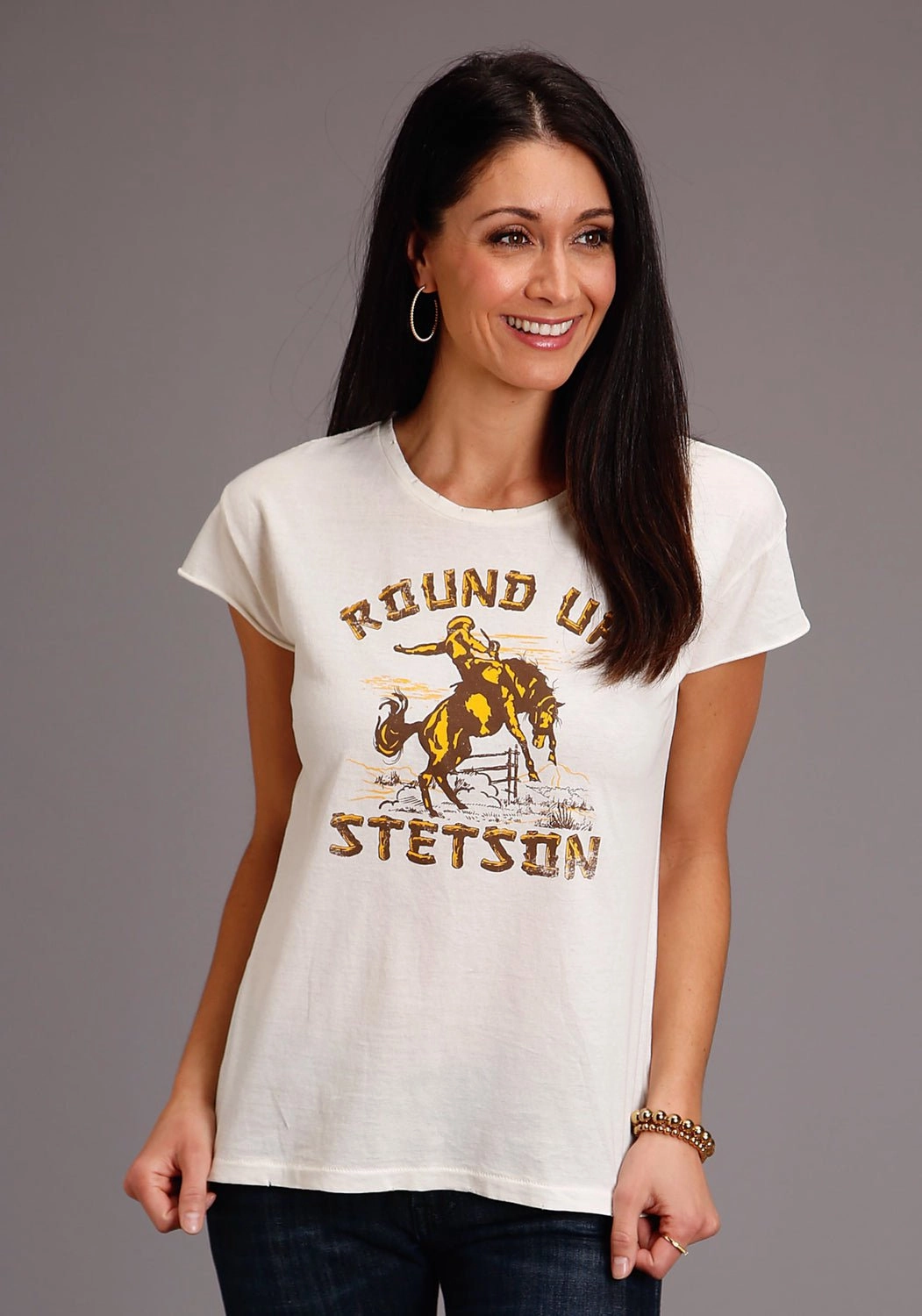 Pure Cotton Traveler??s Choice Stetson Womens Cream/White 100% Cotton Round Up S/S T-Shirt
