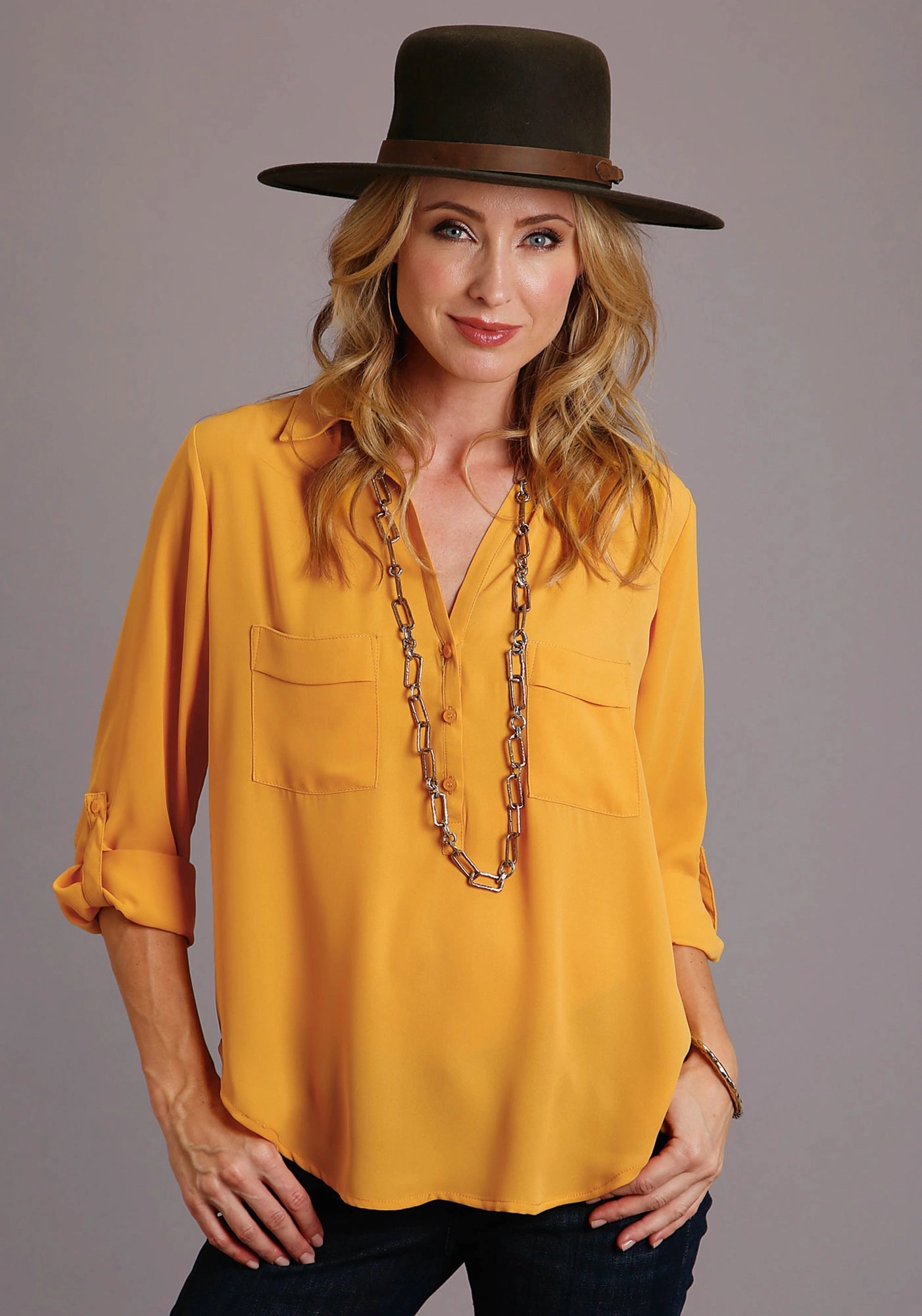 Tagless Design Stetson Womens Gold Polyester Open V-Collar S/S Blouse
