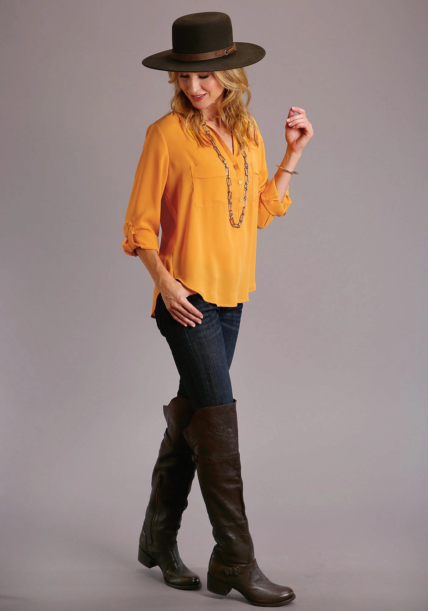 Stetson Womens Gold Polyester Open V-Collar S/S Blouse Seamless Shoulder Layered Hemline