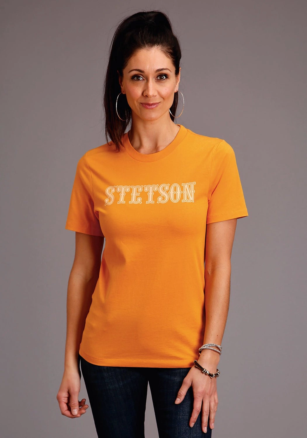 Stetson Womens Gold Yellow 100% Cotton Lettering S/S T-Shirt Festival Fashion