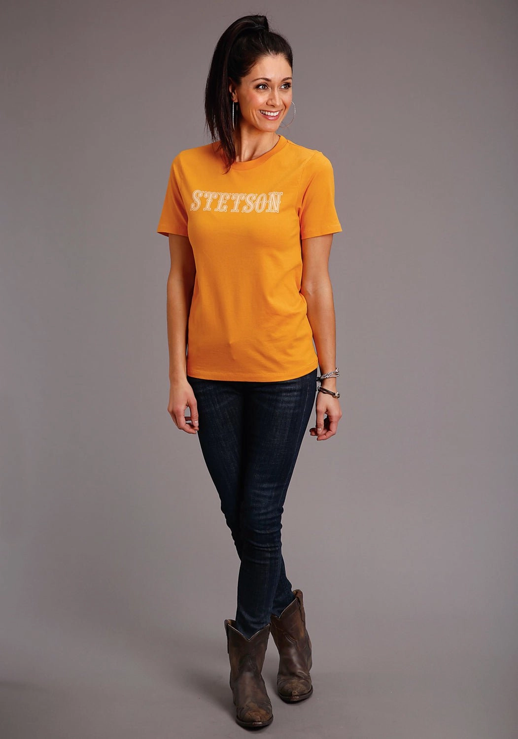 crew neck Stetson Womens Gold Yellow 100% Cotton Lettering S/S T-Shirt