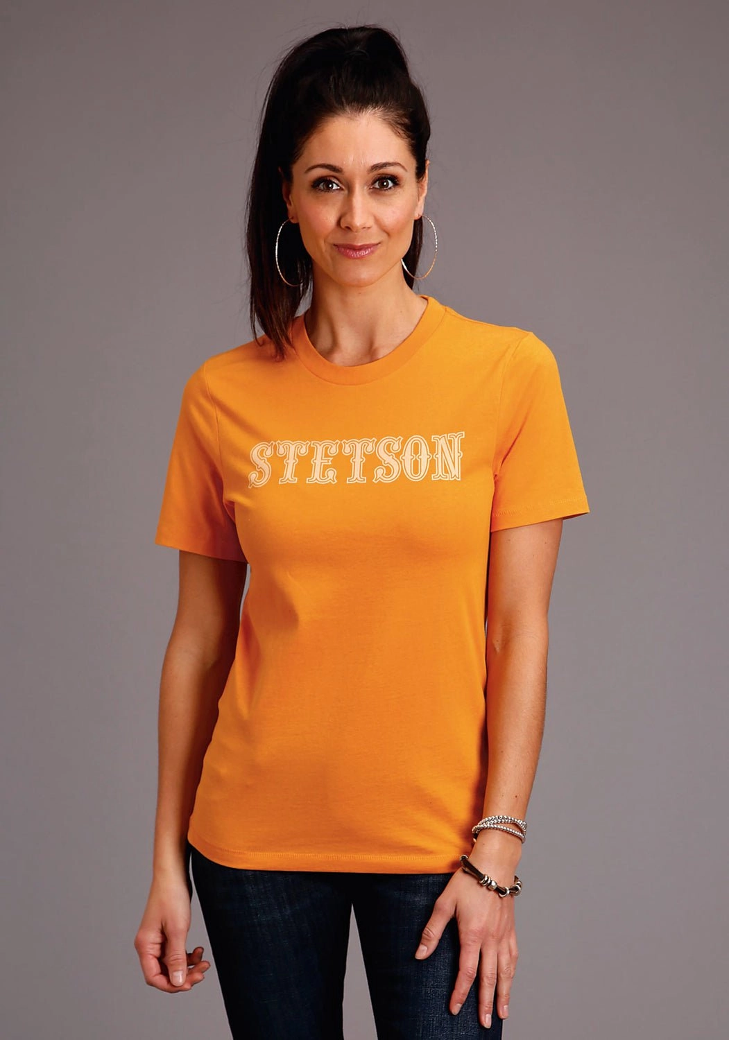 Anti Static Finish Stetson Womens Gold Yellow 100% Cotton Lettering S/S T-Shirt