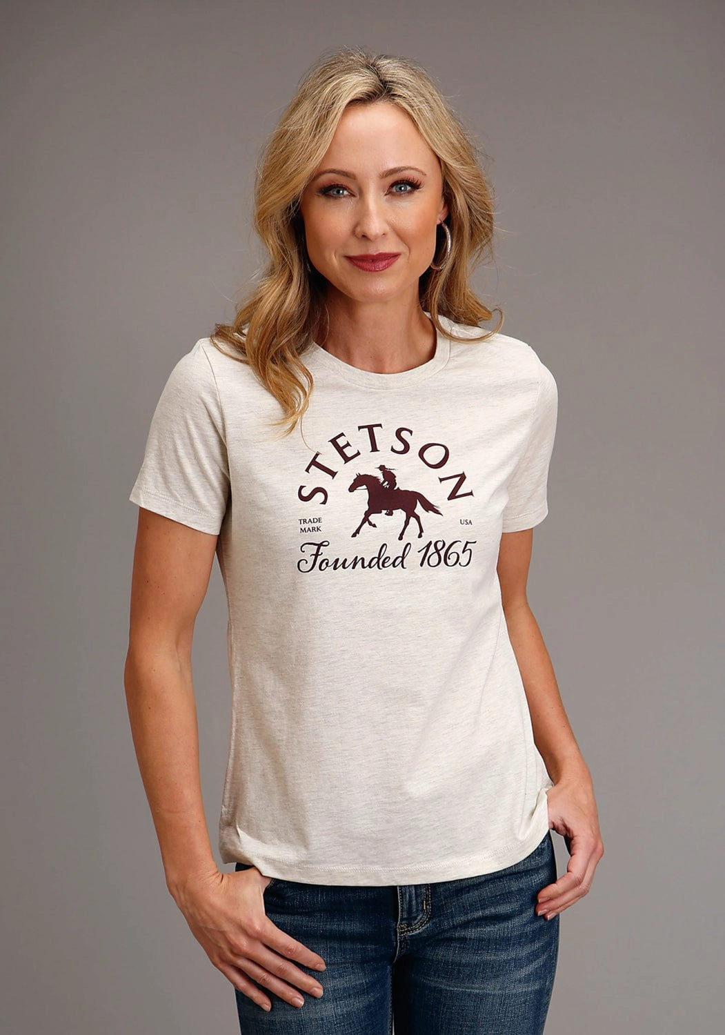 Vibrant color Stetson Womens Heather Cream Cotton Blend Horse Rider S/S T-Shirt