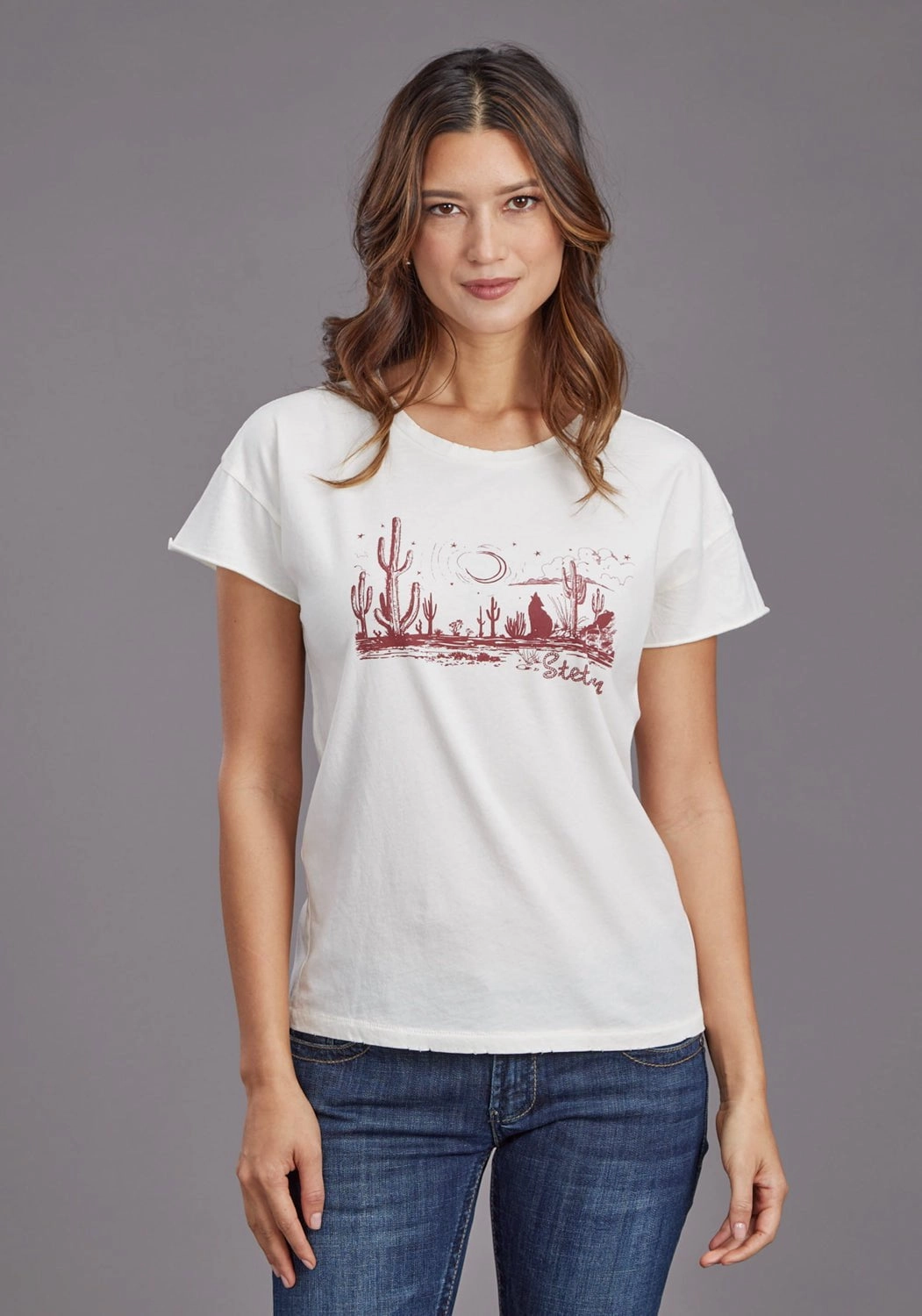 Designer Look Tall Length Stetson Womens Howling at the Moon White 100% Cotton S/S T-Shirt