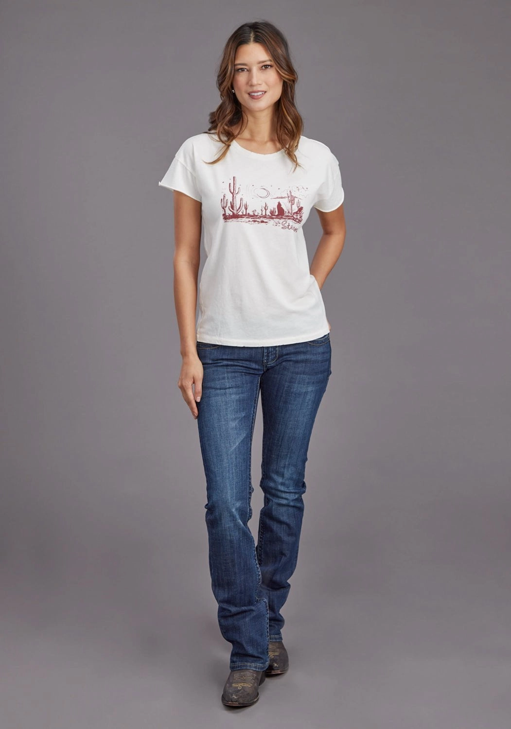 Stetson Womens Howling at the Moon White 100% Cotton S/S T-Shirt Smooth zipper closure