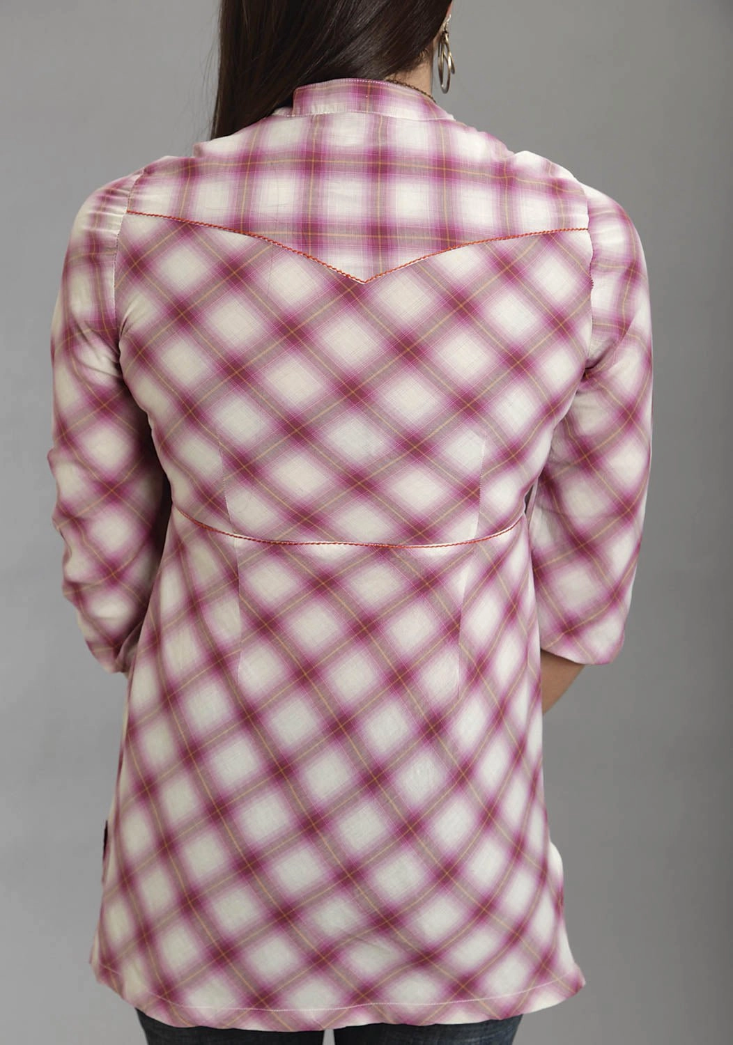 Matte Finish Printed Pattern Stetson Womens Lavish Plaid Pink 100% Cotton 3/4 Sleeve S/S Tunic