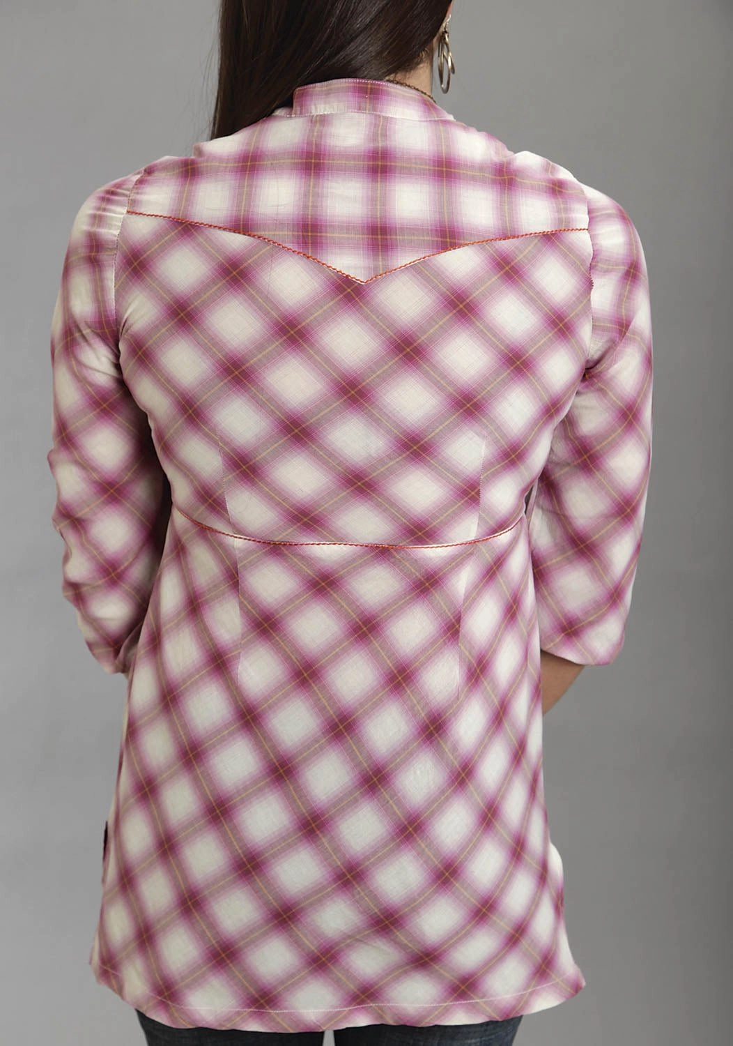 Pocket Detail Seasonal Collection Stetson Womens Lavish Plaid Pink 100% Cotton 3/4 Sleeve S/S Tunic