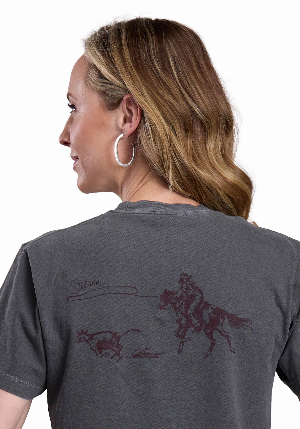 Stetson Womens Roping A Calf Grey 100% Cotton S/S T-Shirt Non Restrictive Armhole