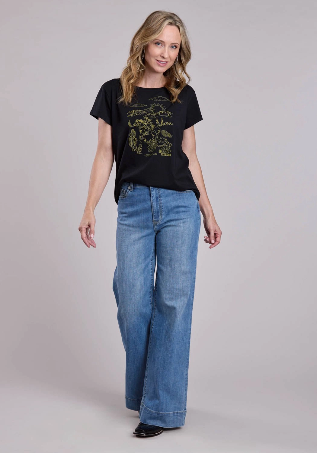 Limited Edition Stetson Womens Vintage Cowgirl Scene Black Cotton Blend S/S T-Shirt