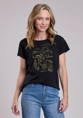 Trendsetter Choice Dressy look Stetson Womens Vintage Cowgirl Scene Black Cotton Blend S/S T-Shirt