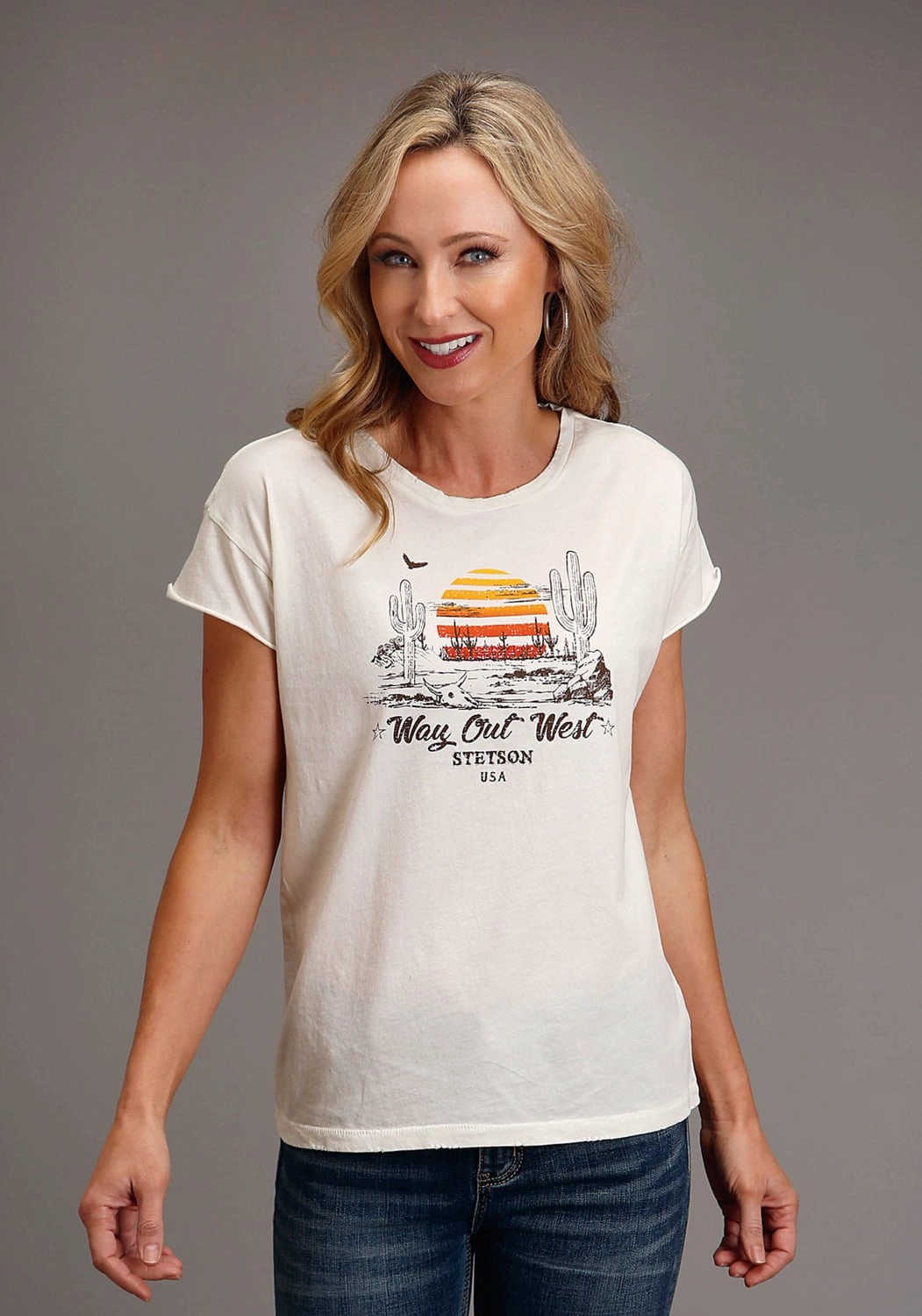Smooth Cotton Blend Linen blend Stetson Womens Vtg White 100% Cotton Way Out West S/S Cactus T-Shirt