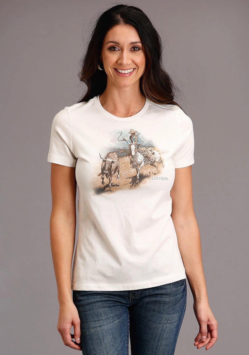 Youth fashion Comfortable Wear Stetson Womens White 100% Cotton Cattleman Scenery S/S T-Shirt