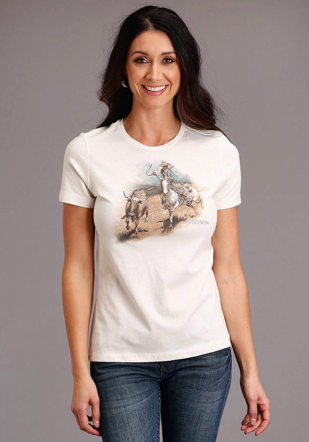 Reinforced Collar Trendy Look Stetson Womens White 100% Cotton Cattleman Scenery S/S T-Shirt