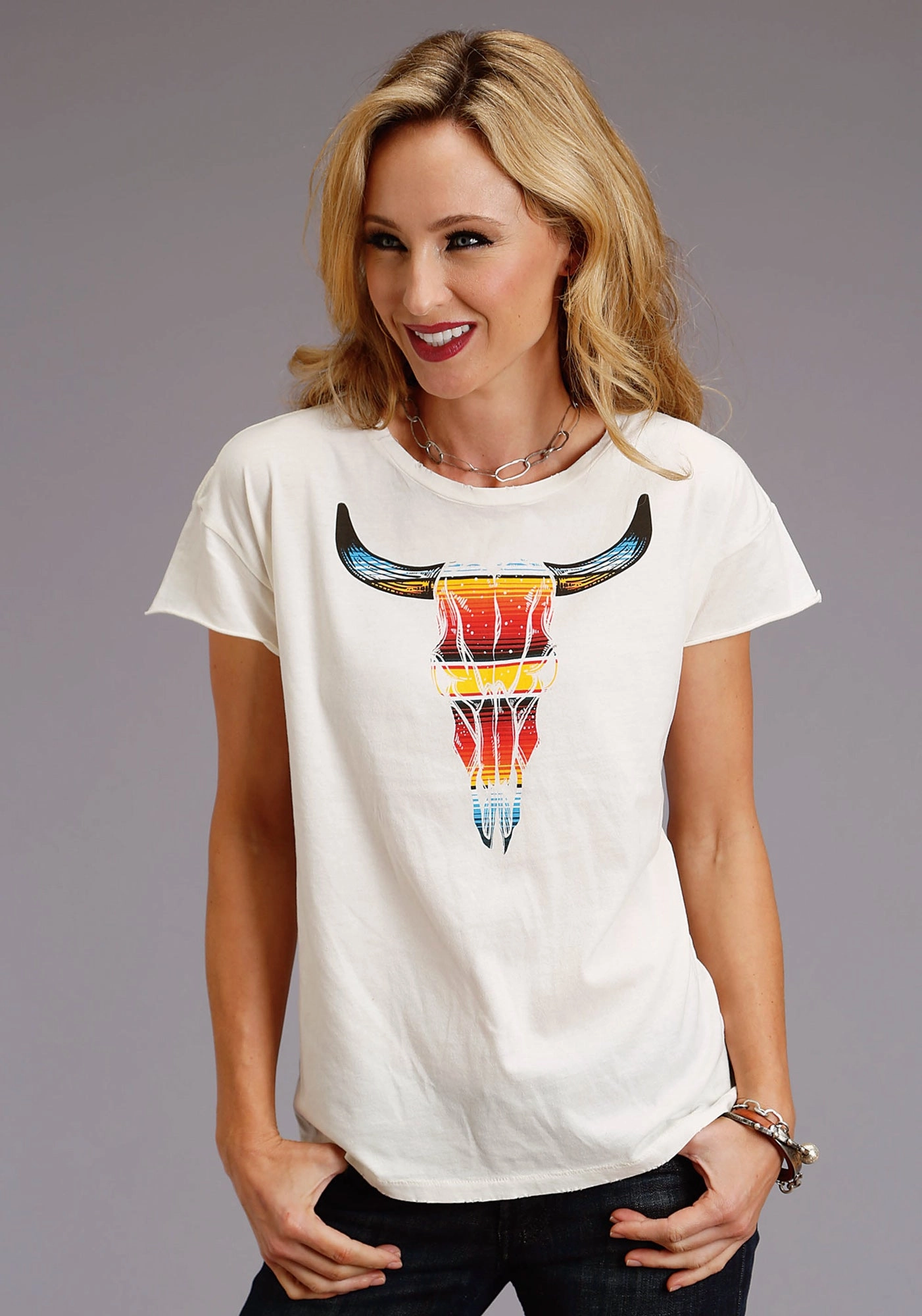 Edgy style Multi Pocket Utility Stetson Womens White 100% Cotton Serape Longhorn S/S T-Shirt