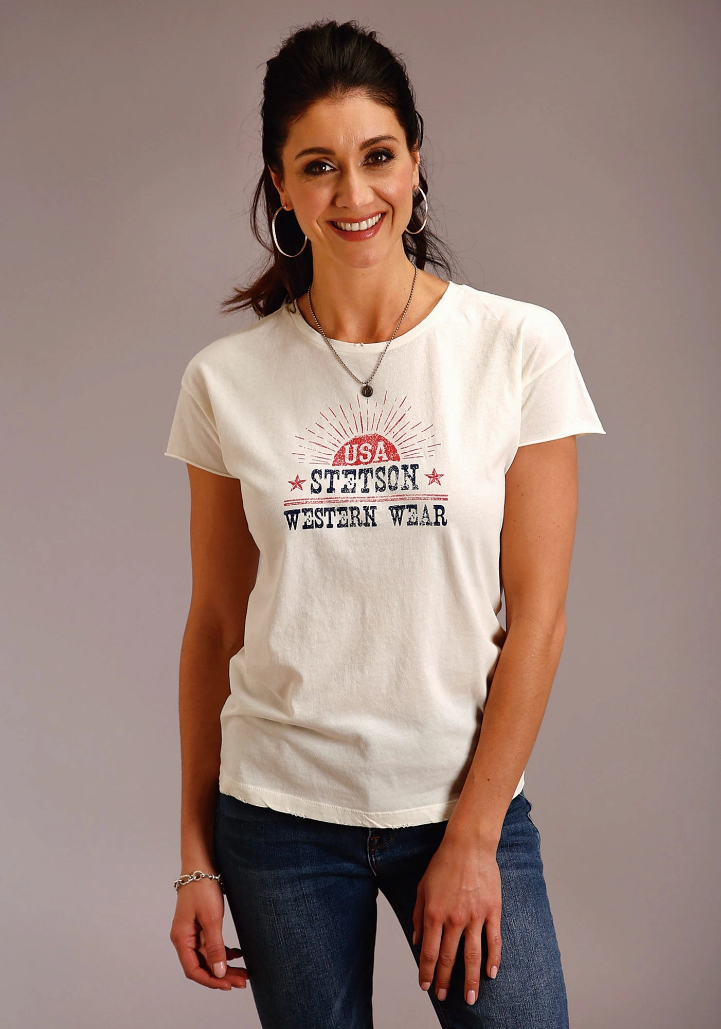 Non Iron Material Sustainable Weave Stetson Womens White 100% Cotton USA Western Wear S/S T-Shirt