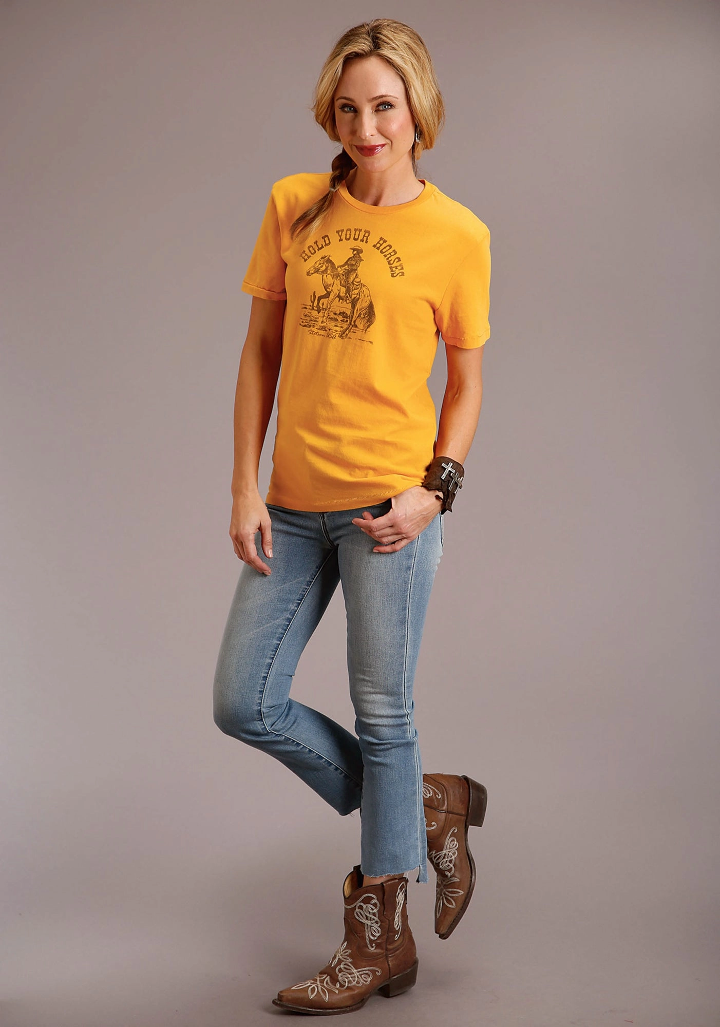 Abrasion Resistant Edges Non Restrictive Armhole Stetson Womens Yellow 100% Cotton Hold Your Horses S/S T-Shirt