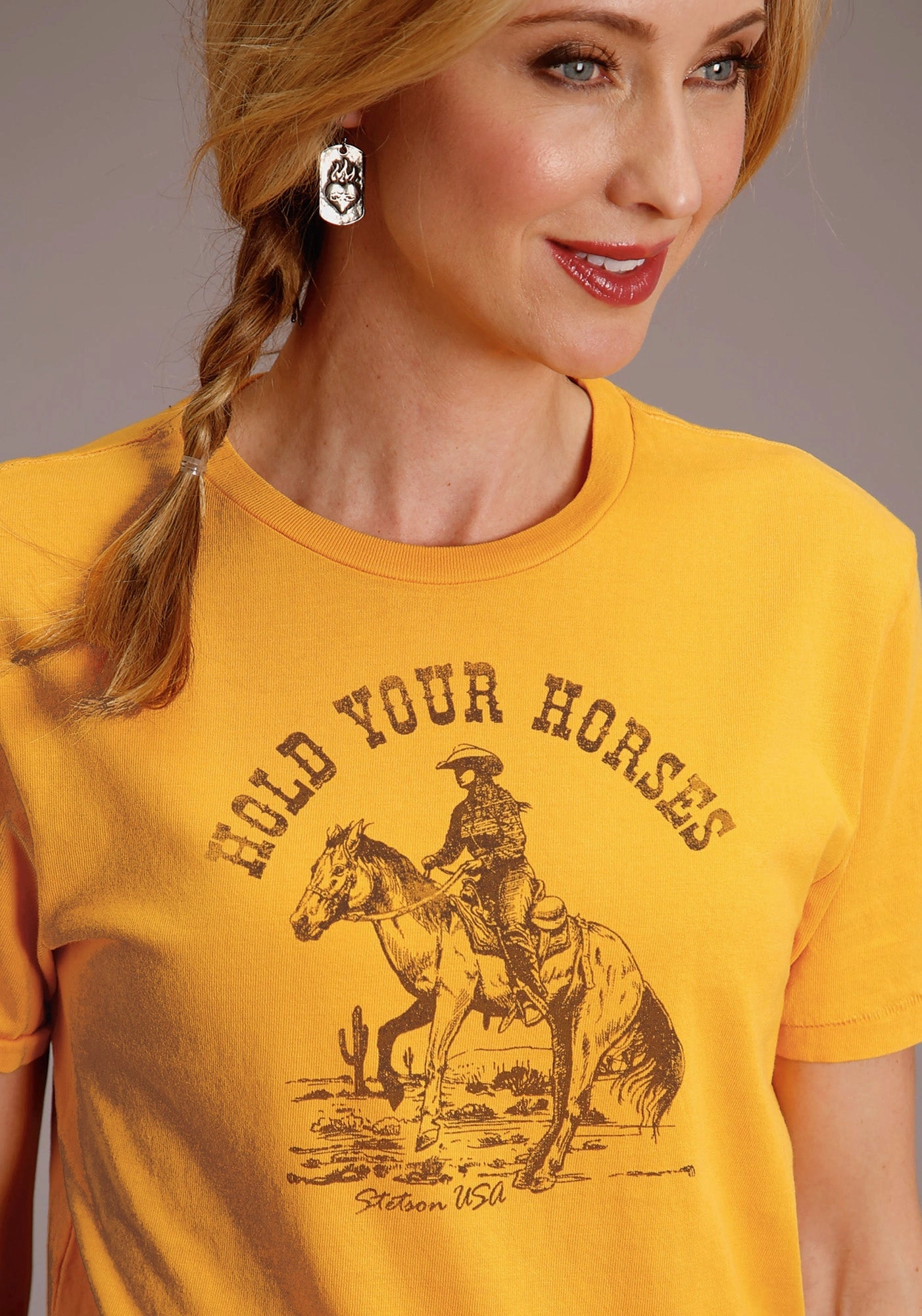 Stetson Womens Yellow 100% Cotton Hold Your Horses S/S T-Shirt Eco Dye Technique Ventilated Back Panel