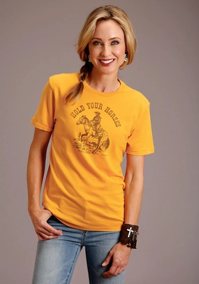 Flex Fit Collar Flexible Material Stetson Womens Yellow 100% Cotton Hold Your Horses S/S T-Shirt