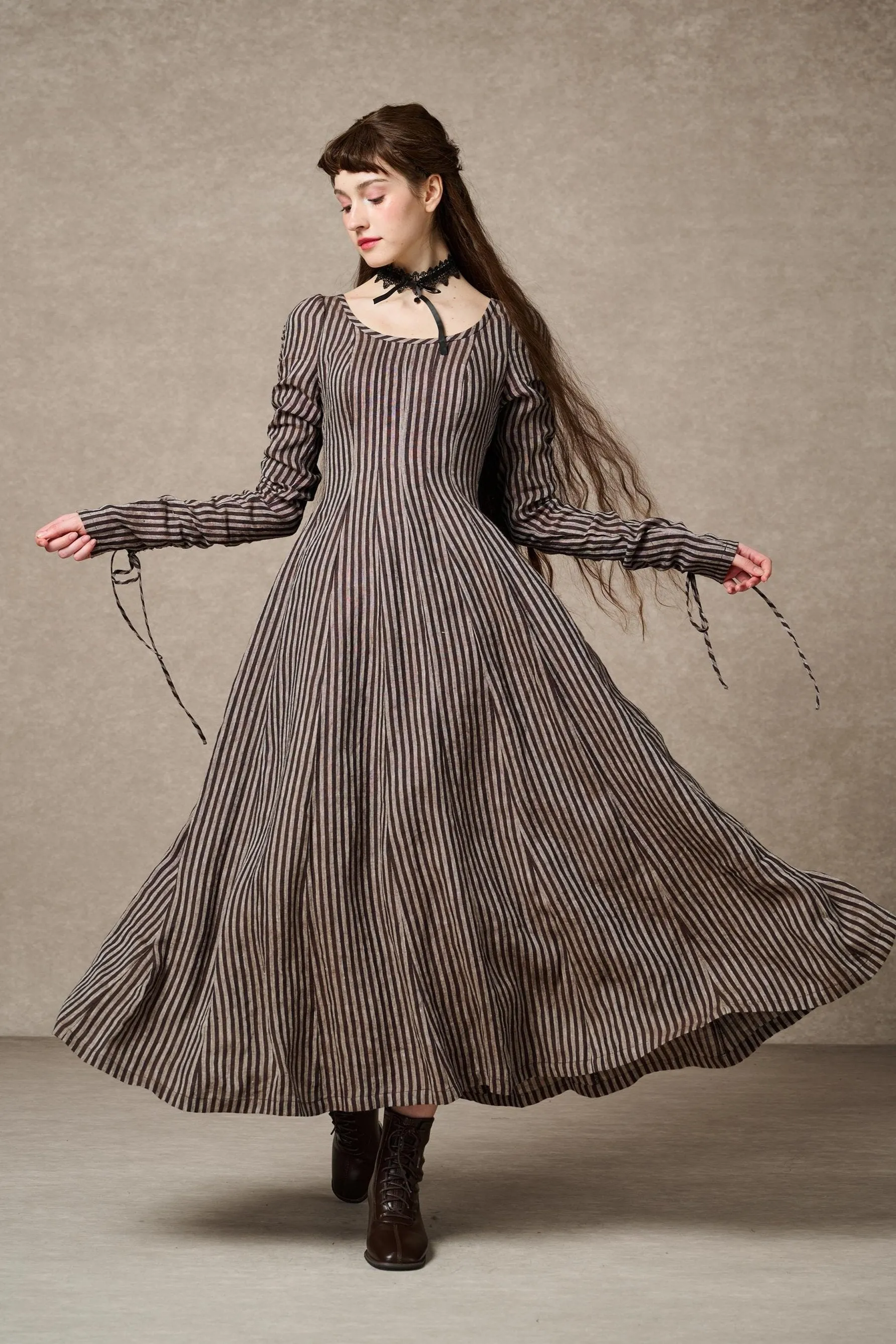 Crystal 17 | Victorian maxi linen dress V-neck Shirt Adjustable Hem Cuff