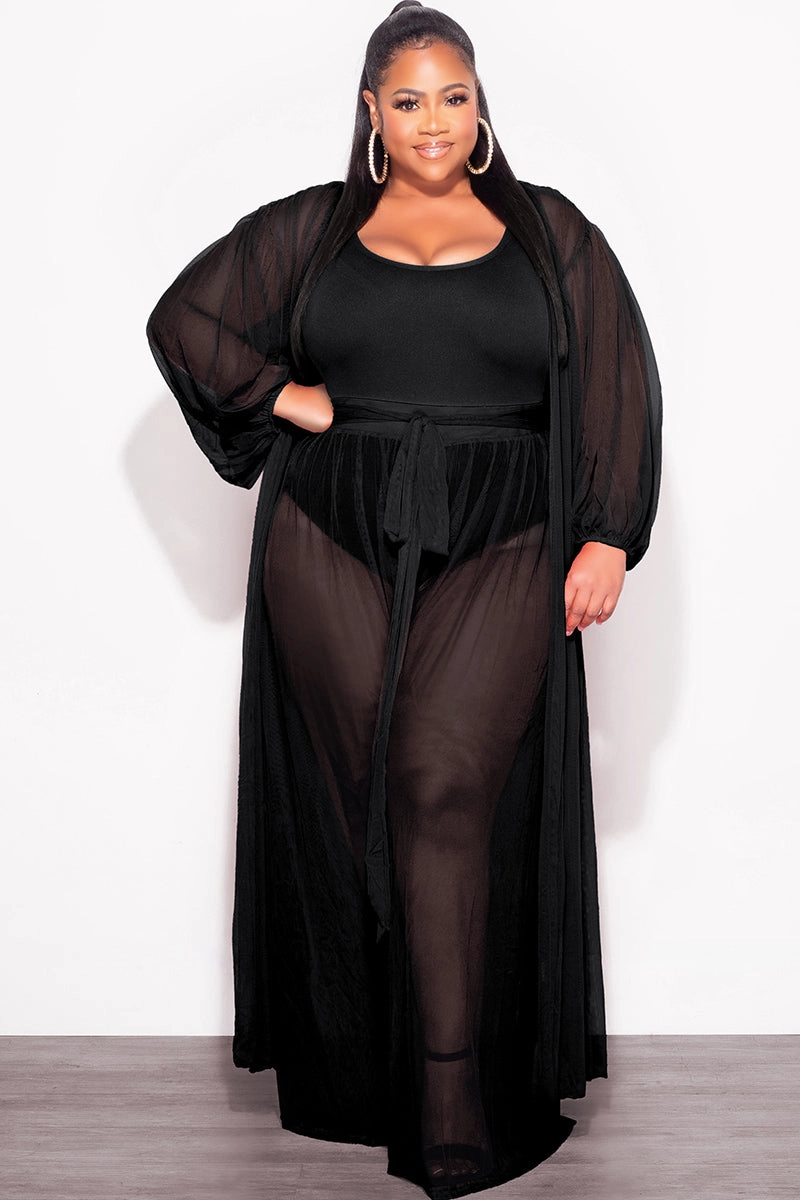 Seamless Wear Final Sale Plus Size 2pc Sheer Duster and Pants Set in Black