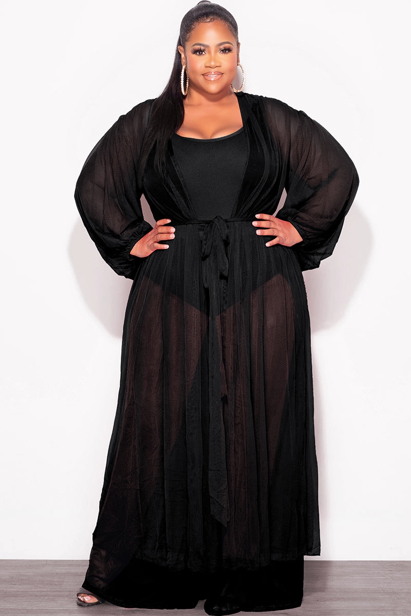 HiddenPockets Final Sale Plus Size 2pc Sheer Duster and Pants Set in Black