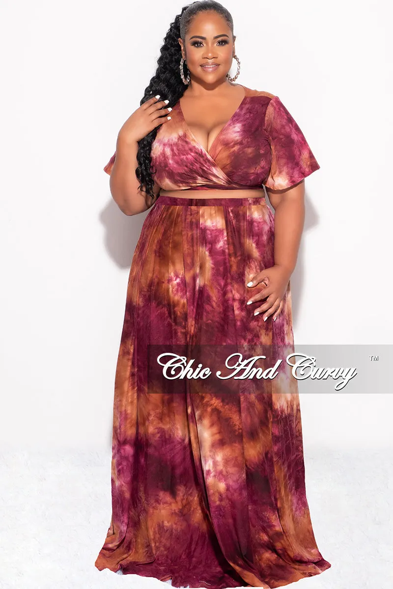 Durable Design Outdoor Adventure Final Sale Plus Size 2pc Cropped Tie Top and Skirt Set in Burgundy & Orange Tie Summer