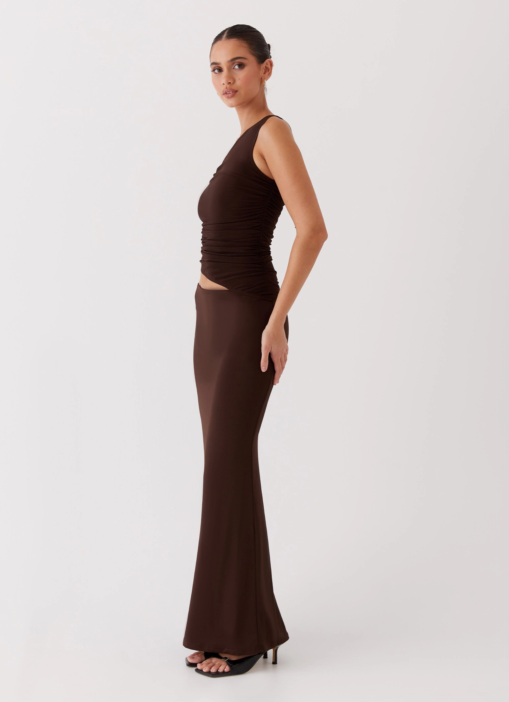 All Gender Fit Smart Look Seranella One Shoulder Maxi Dress - Chocolate
