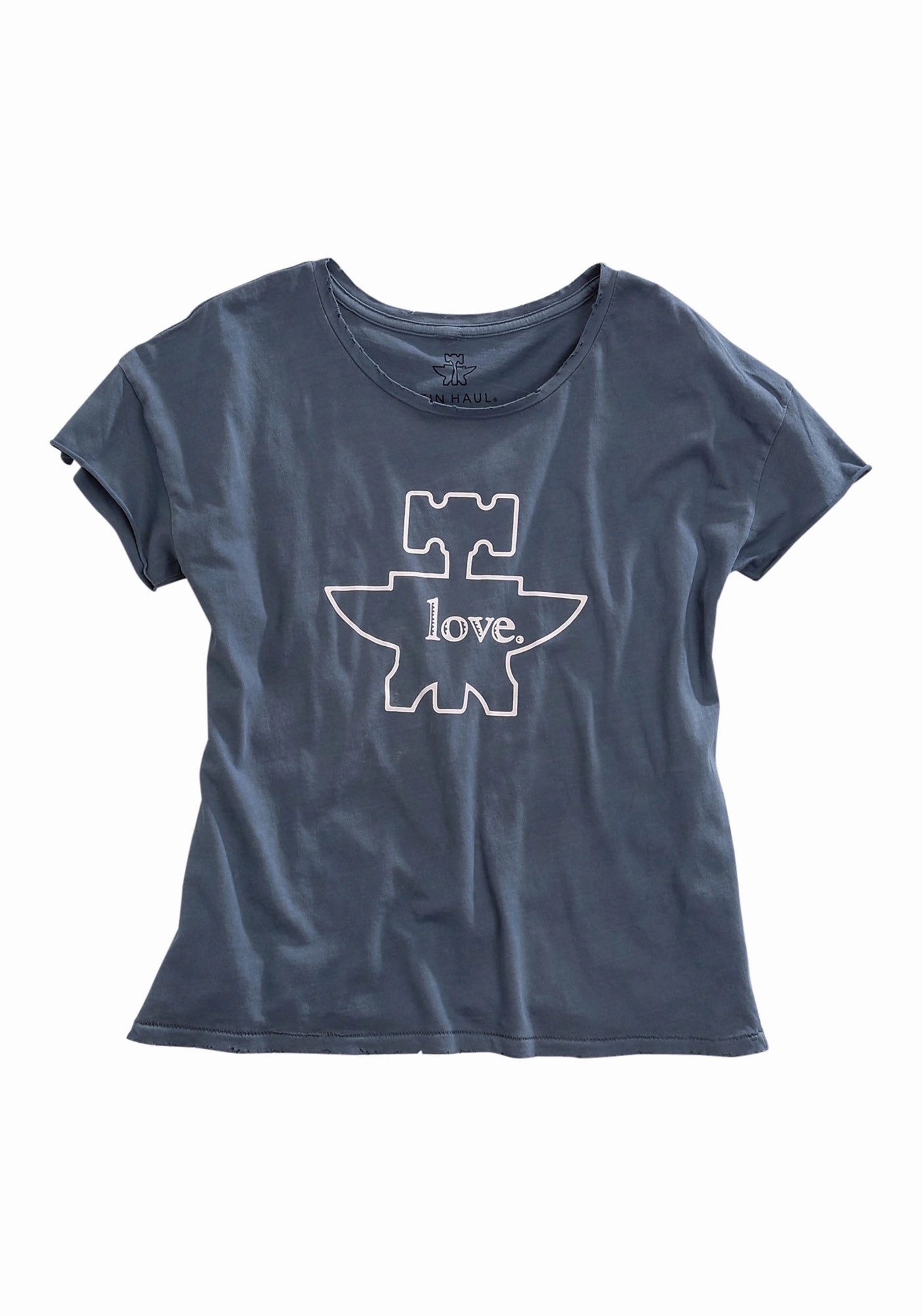 Tin Haul Womens Love Anvil Logo Denim Blue 100% Cotton S/S T-Shirt Wrinkle Resistant Finish Winter Collection