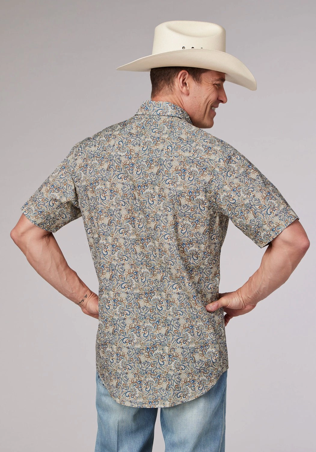 Reinforced Elbow Patches Cocktail Event Roper Mens Sketchy Paisley Brown 100% Cotton S/S Shirt