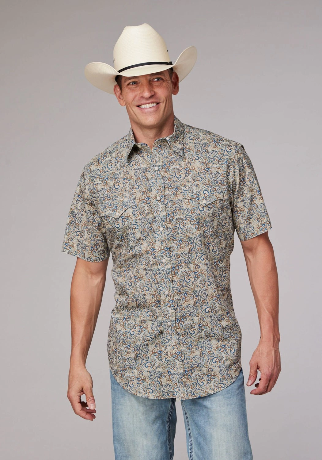 Retro Vibe Roper Mens Sketchy Paisley Brown 100% Cotton S/S Shirt