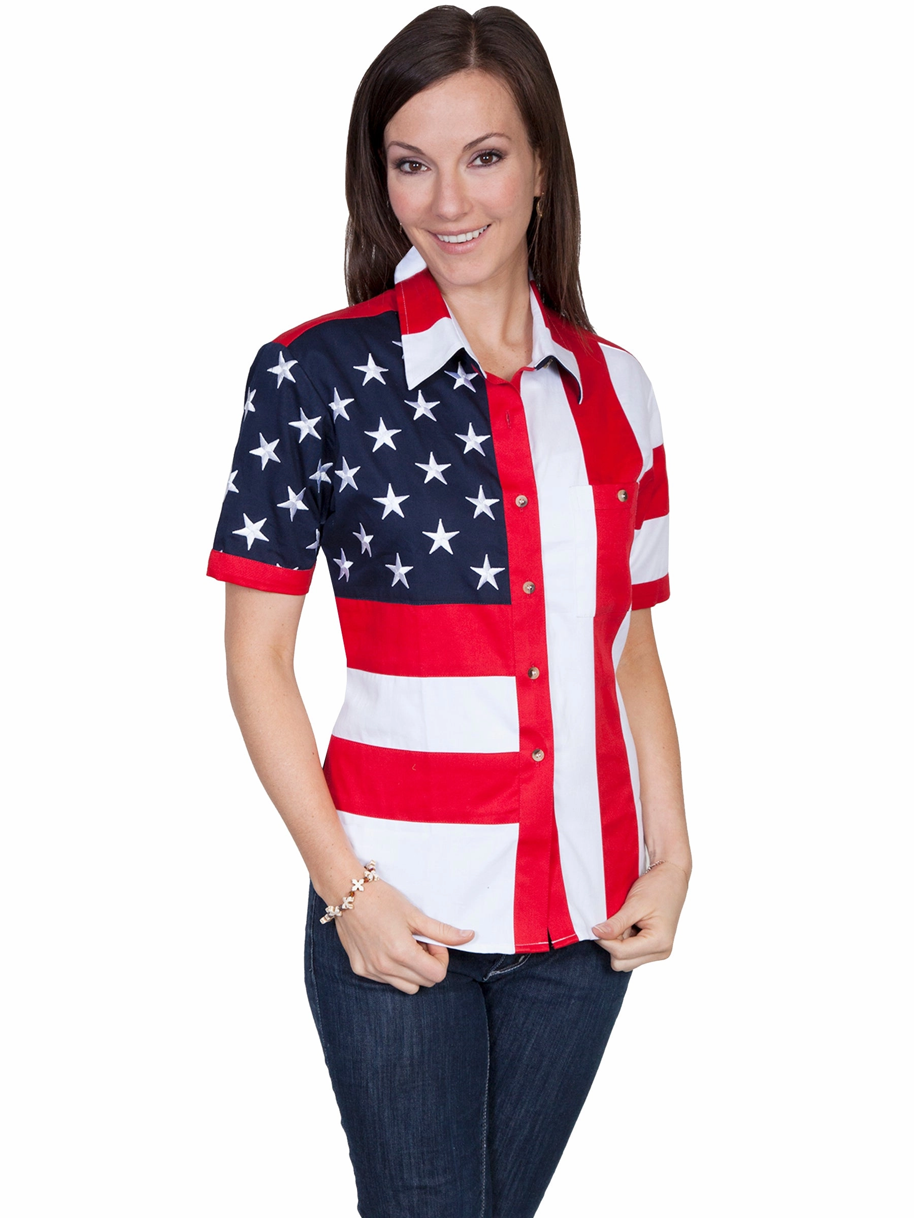 Scully RangeWear Womens Red 100% Cotton American Flag S/S Western Shirt Tailored Fit