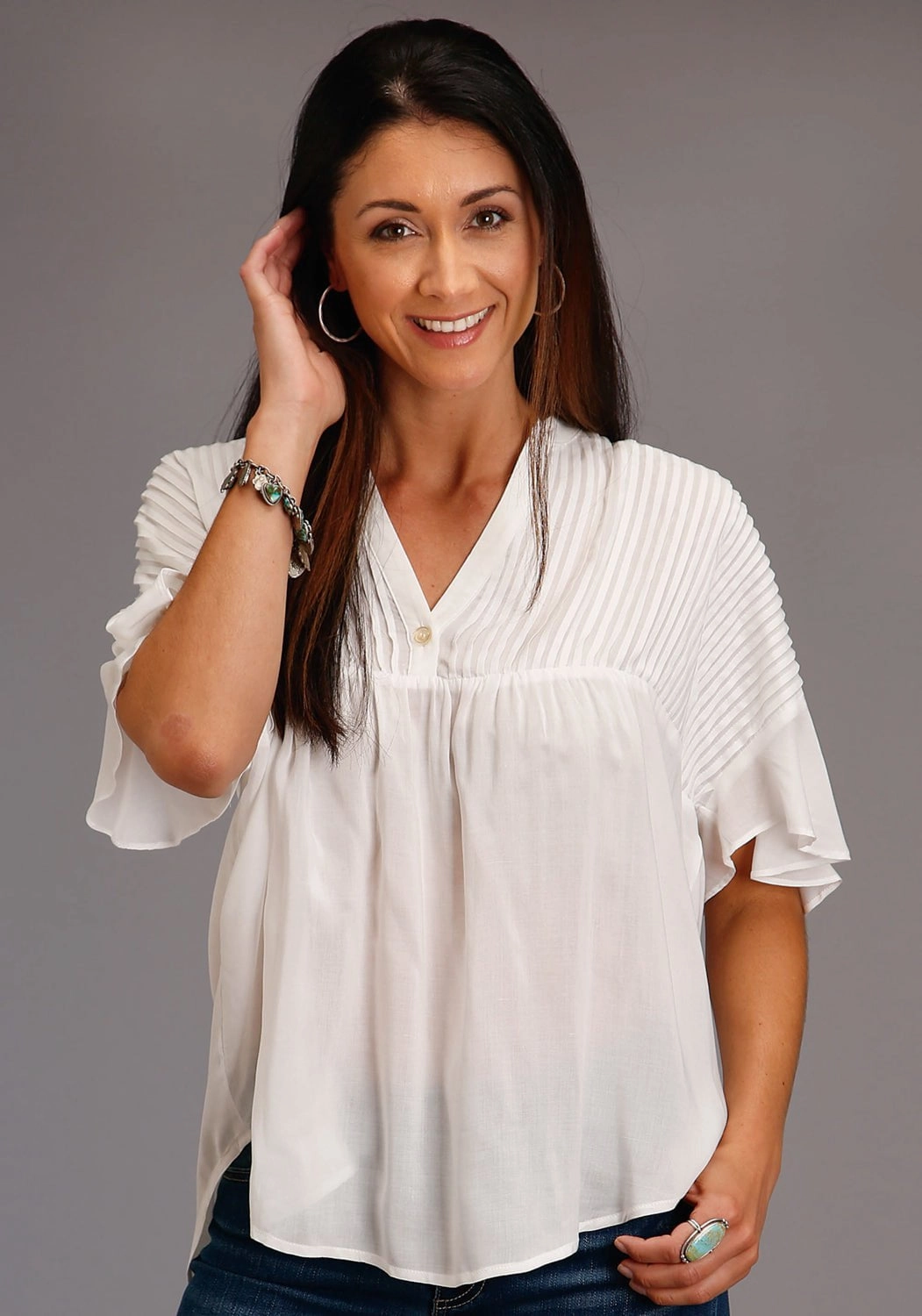 Holiday Gift Stetson Womens Cream Rayon/Nylon V-Placket S/S Blouse