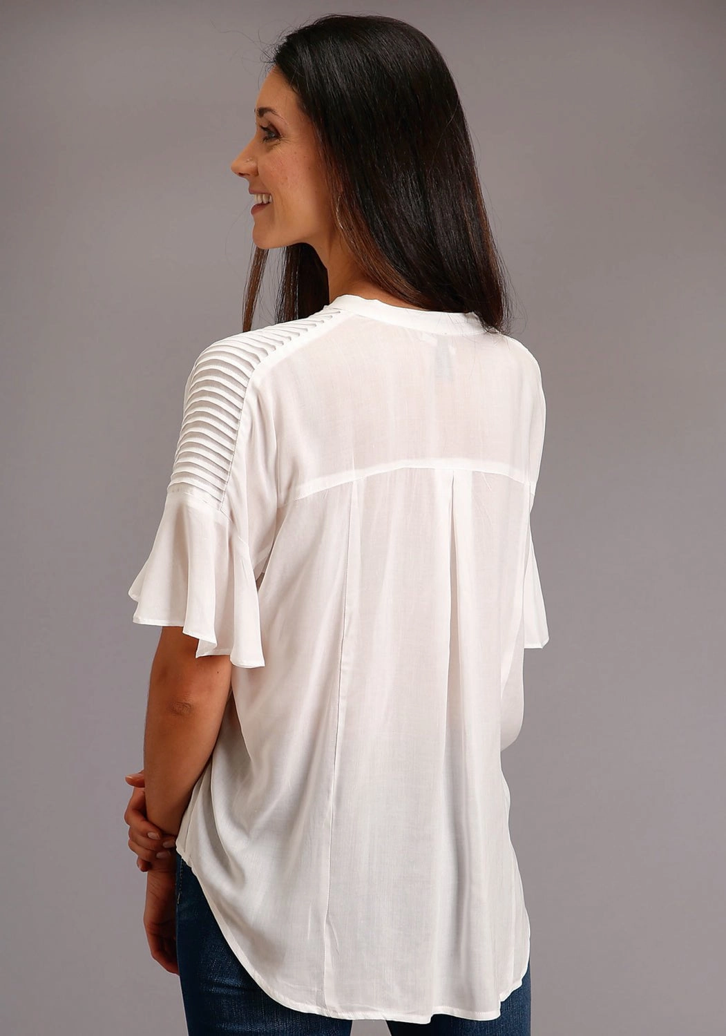 Snag Resistant Fabric hypoallergenic material Stetson Womens Cream Rayon/Nylon V-Placket S/S Blouse