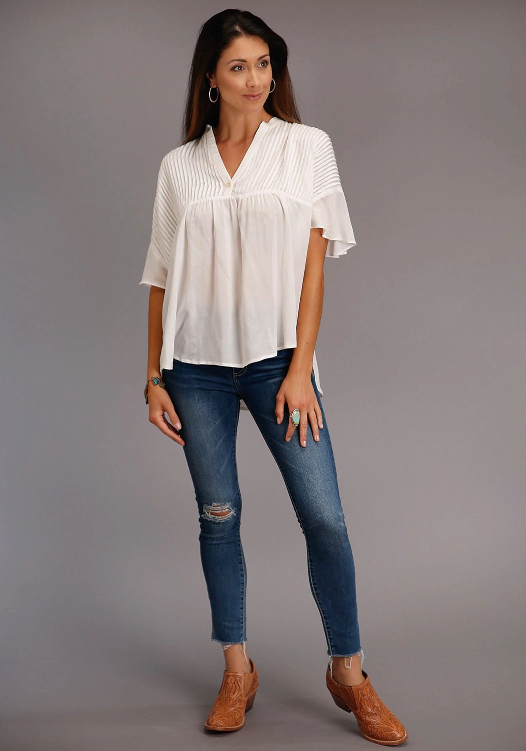 Stetson Womens Cream Rayon/Nylon V-Placket S/S Blouse Brushed Inner Lining Minimalist Style