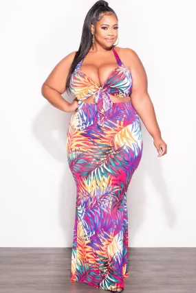 Flexible Knee Articulation Layer-Friendly Final Sale Plus Size 2pc Halter Crop Tie Top and Maxi Skirt Set in Fuchsia & Orange Floral Multi Color Print