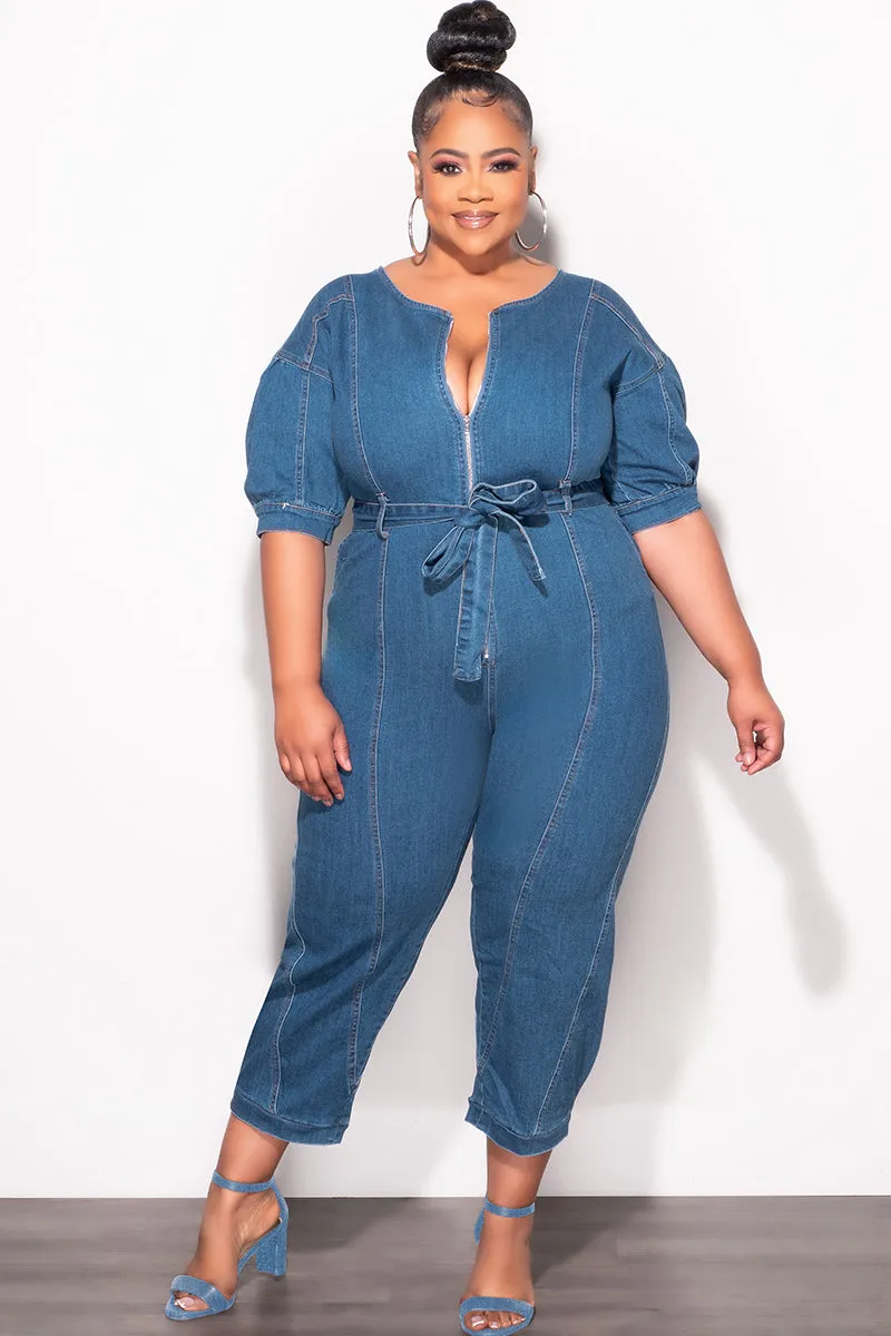 Timeless Layers Final Sale Plus Size Cropped Zip-Up Wide Leg Jumpsuit in Dark Denim