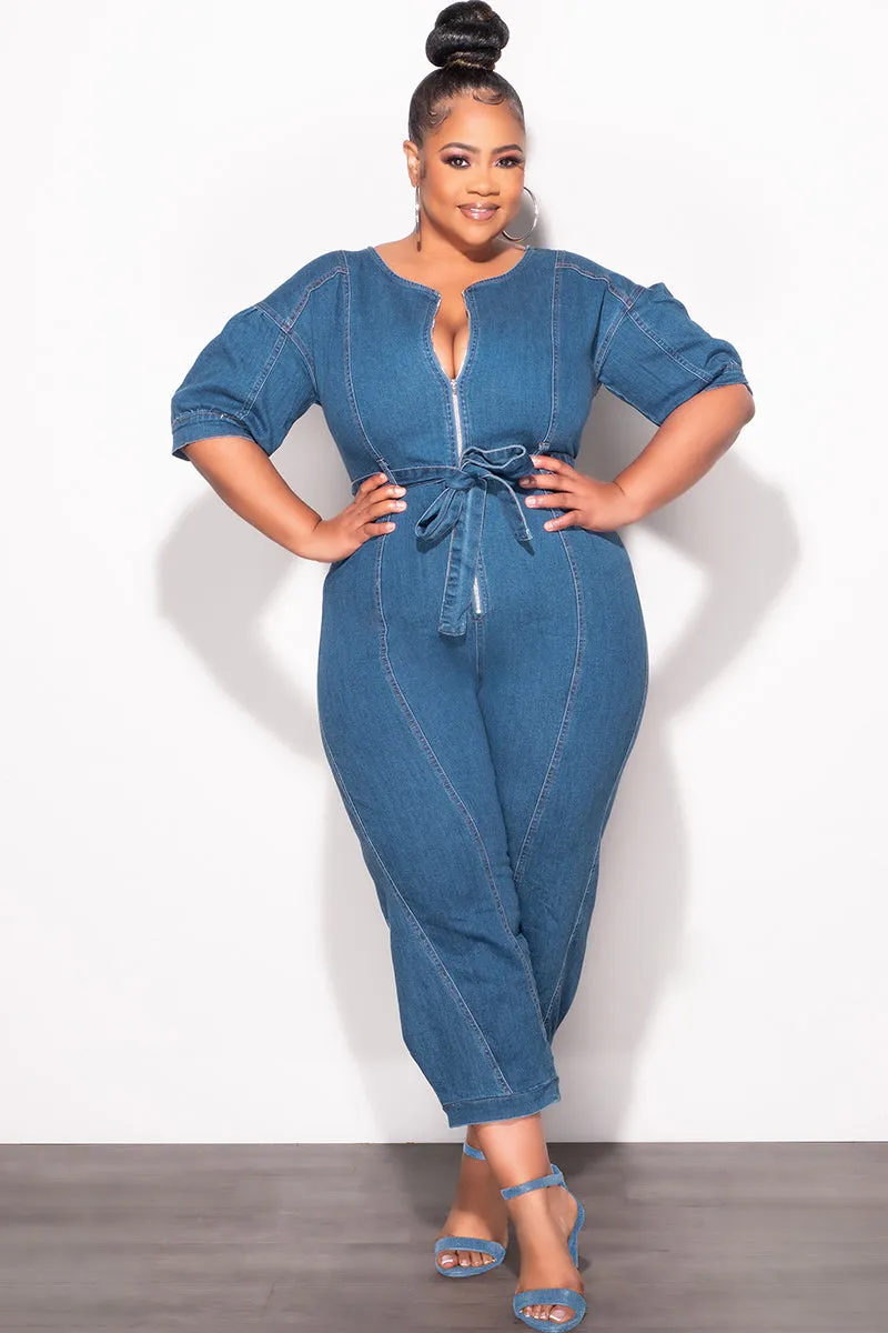 Chill Ready Movement Ready Final Sale Plus Size Cropped Zip-Up Wide Leg Jumpsuit in Dark Denim