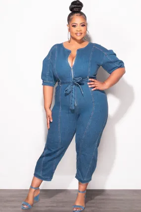 Final Sale Plus Size Cropped Zip-Up Wide Leg Jumpsuit in Dark Denim Quick Release Closure