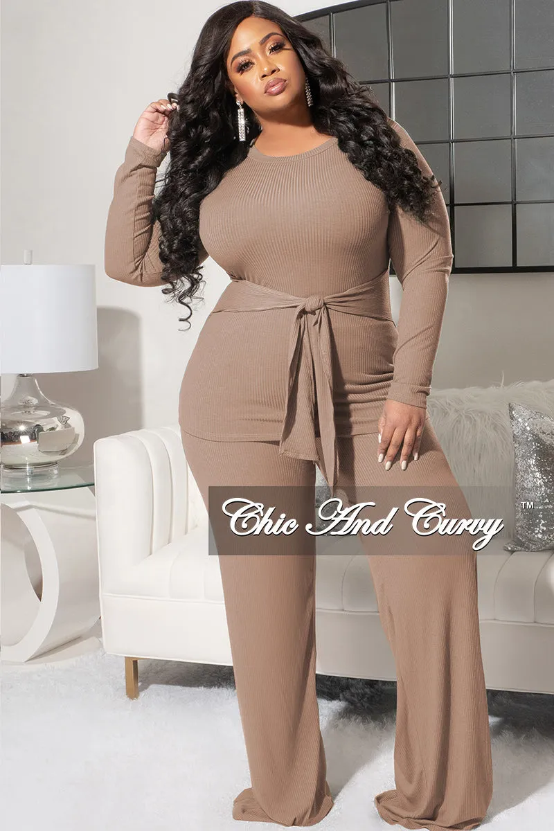 Final Sale Plus Size 2pc Ribbed Long Sleeve Top and Pants Set in Mocha Casual Active TaglessDesign