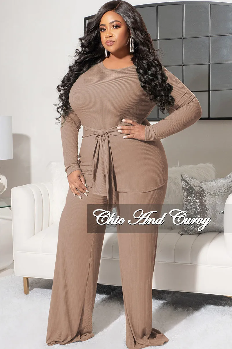 Final Sale Plus Size 2pc Ribbed Long Sleeve Top and Pants Set in Mocha Sporty Appeal Premium Look