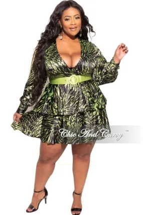 Functional Layer Final Sale Plus Size Babydoll Dress in Lime Green and Black Tiger Stripes