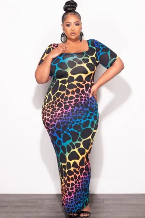 Final Sale Plus Size BodyCon Dress in Black Background & Multi-Color Giraffe Print SecureZipperClosures